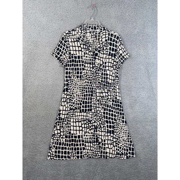 Chico's Travelers Dress Womens 1 Black Off White Button Up Short Sleeves Casual - Picture 1 of 13